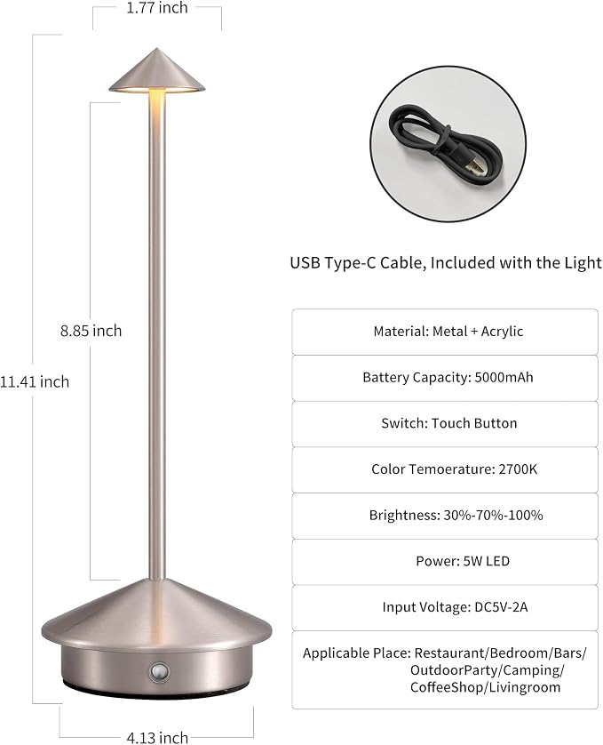 Modern Cordless Table Lamp Set of 2, Brushed Nickel LED Desk Lamps | 5000mAh, Rechargeable, Battery Operated Lighting for Bedroom, Dining Room, Restaurant, Coffee Shop, Camping, Night Light - Image 5