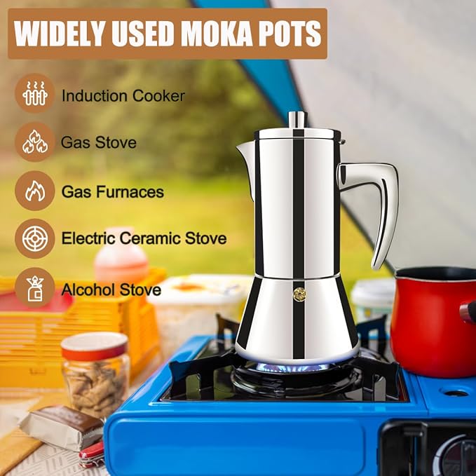 4 Cup Thickened 304 Stainless Steel Moka Pot Stovetop Espresso Maker Cafeteras Italian Percolator Espress Makers Capable Greca Mocha Coffee Machine for Induction Home and Camping 200ml 6.6oz - Image 5