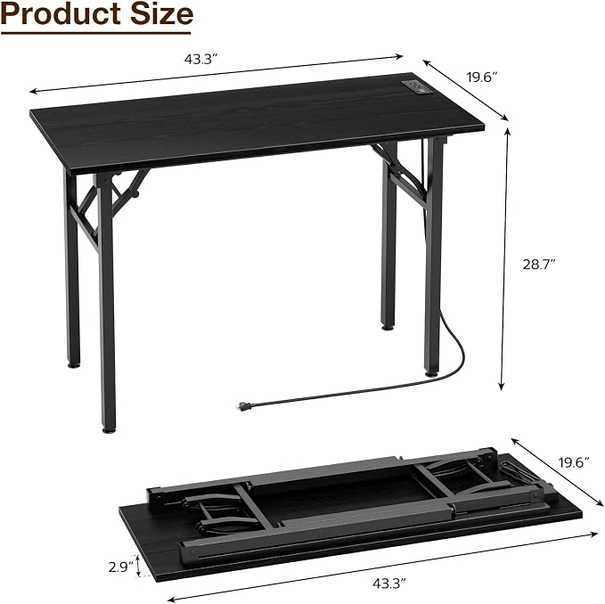 TEMI Small Computer Desk Folding Table - No Assembly, Compact 44.3" Foldable Desk with Power Outlets & USB Charging Port, Portable Small Office Desk, Ideal Mini Study Table, Dark Oak - Image 3