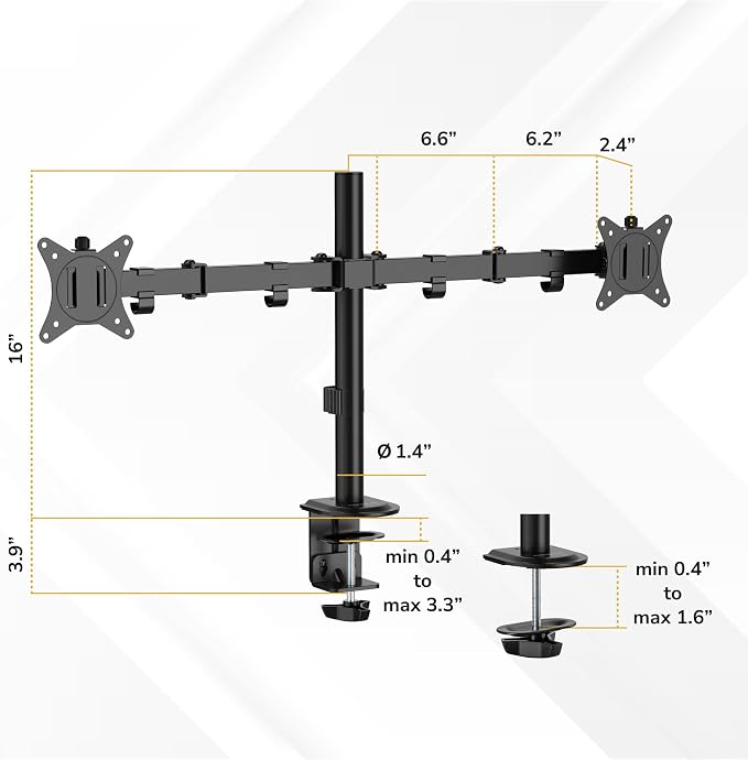 Mount-It Dual Monitor Arm, Desk Mount for 2 Screens 13-32 in, Steel | Holds up to 19.8 lbs Each, Full Motion Tilt Swivel Rotate, VESA 75x75 100x100, Cable Management, C-Clamp or Grommet, Black - Image 8