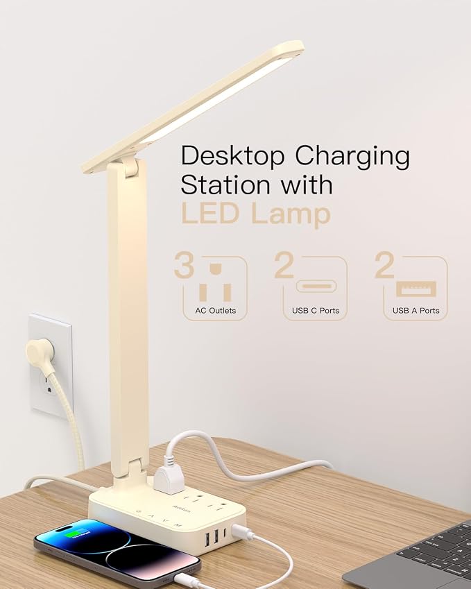 Addtam LED Desk Lamp, Power Strip with 3 Outlets 4 USB Charging Ports(2 USBC), 4 Modes 5 Level Brightness Touch Lamp, Small Desk Lamp for Home Office College Dorm Room Essentials, Cream - Image 2