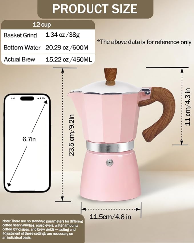 Coffee Maker Stovetop Espresso Maker 12 Cup Aluminum Moka Pot Percolator 20oz 600ml Easy Brewing for Electric Ceramic Stoves Home Camping Italian Cuban Café Classic Pink - Image 2