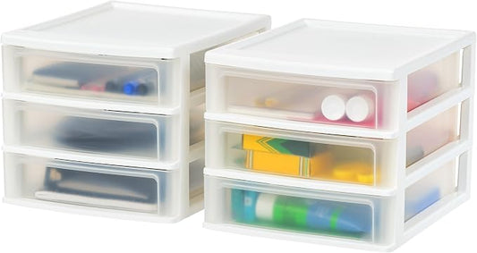 IRIS USA 2-Pack, 3-Drawer Medium Plastic Stacking Desktop Organizer, White | Organize office supplies, stationery, makeup, craft materials and everyday essentials for neat desktop storage by IRISUSA
