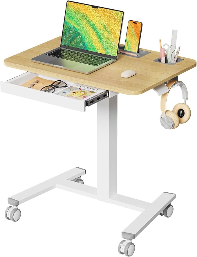 28" Mobile Standing Desk with Drawer, Portable Laptop Desk | Rolling Desk with Cup Holder & Hooks, Height Adjustable Computer Cart on Wheels for Classroom, Study Desk with Storage, Maple by JYLHJOYSEEKER