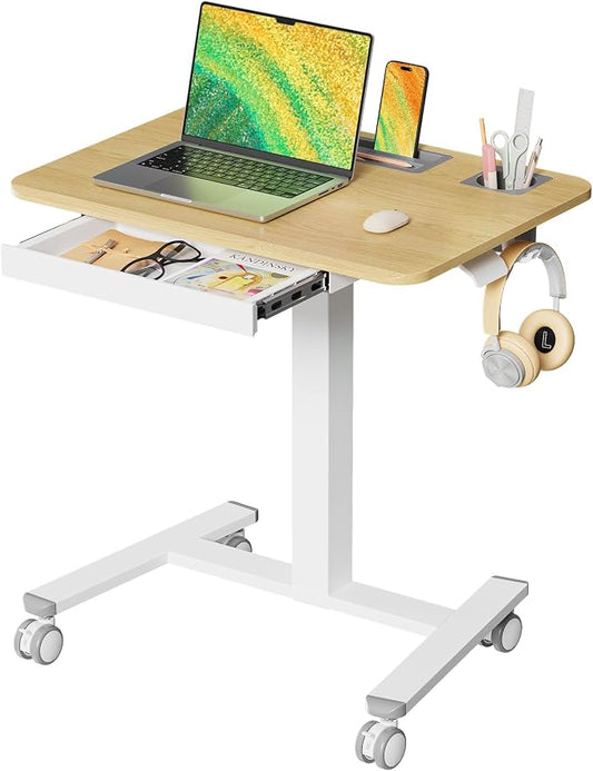 28" Mobile Standing Desk with Drawer, Portable Laptop Desk | Rolling Desk with Cup Holder & Hooks, Height Adjustable Computer Cart on Wheels for Classroom, Study Desk with Storage, Maple by JYLHJOYSEEKER