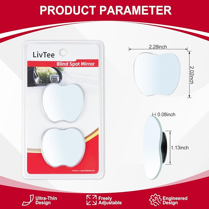 LivTee Blind Spot Mirrors, Apple-Shaped HD Glass Frameless Convex Rear View Mirrors, Wide Angle Adjustable Stick for Side Mirror, Automotive Exterior Accessories for Car, SUV & Trucks, Pack of 2 - Image 3