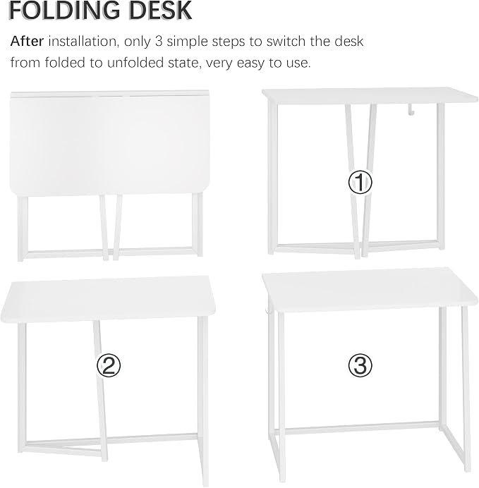 4NM 31.5" Small Folding Desk, Foldable Computer Home Office Desk, Study Writing Table for Small Space Saving Bedroom, Easy Assembly - All White - Image 8