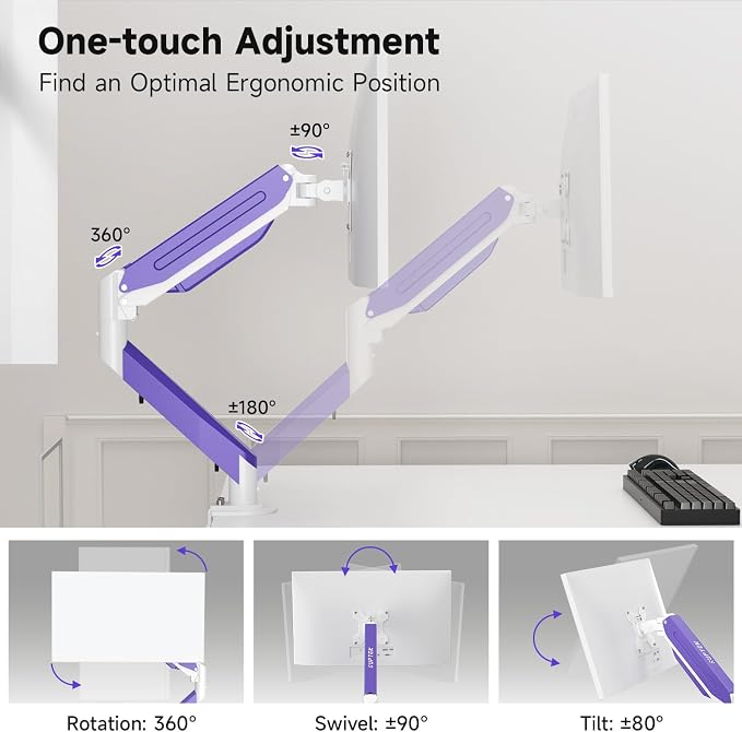 Suptek Monitor Mount Gas Spring Monitor Arm Desk Mount Fully Adjustable Fits 17 20 22 23 24 26 27 32 35 inch Monitors Weight Capacity up to 24.25 lbs (White+Purple, 17"-35") - Image 3