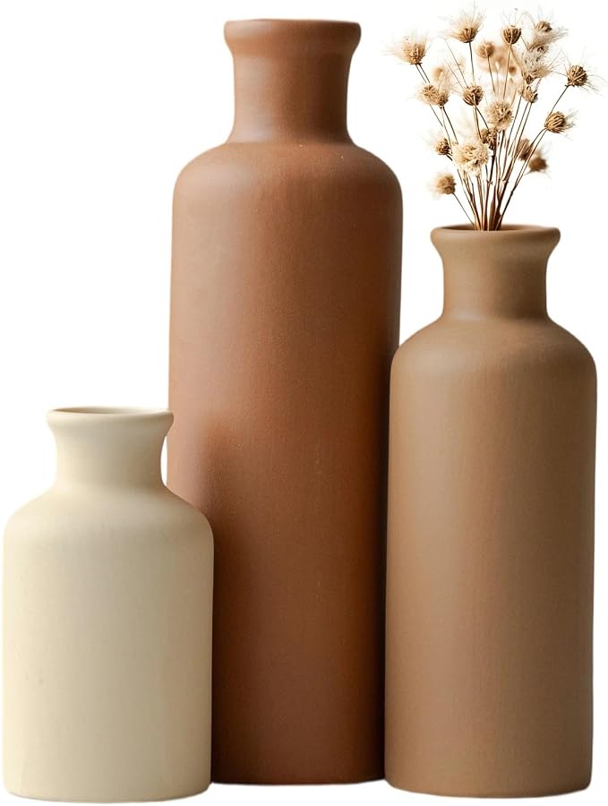 Modern Ceramic Vase Set of 3, Neutral Colors, Decorative Bottles for Home, Earth Tone Farmhouse Rustic Decor, Housewarming Gifts, Wedding Gifts, Birthday Gifts for Women(Coffee Mix) by TINCTOTNICVase