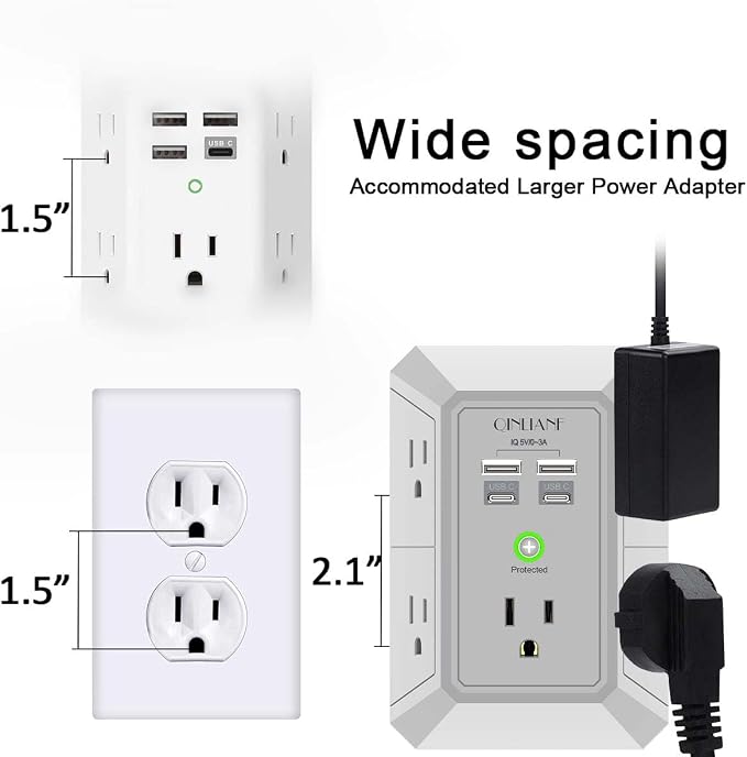 USB Wall Charger, Surge Protector, QINLIANF 5 Outlet Extender with 4 USB Charging Ports(2U2C) 3-Sided 1680J Power Strip Multi Plug Outlets Wall Adapter Spaced for Home Travel Office, Grey - Image 6
