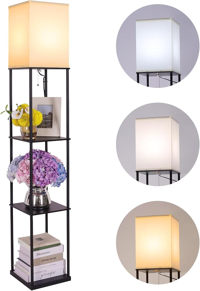 Gupuzm Floor Lamp with Shelves, Modern Square Standing Lamp with 3 Color Temperature Bulb, Corner Display Bookshelf Lamp for Living Room, Bedroom and Office (Black) by GUPUZMproducesandsellslamp