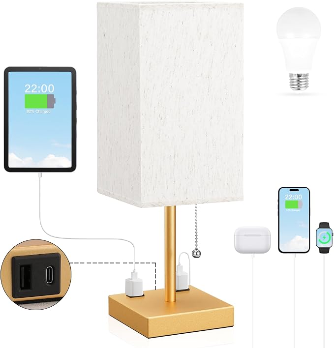 Gold Bedside Lamp for Bedroom - 3 Color Temperatures, USB A+C, 2 AC Outlets | Pull Chain Switch, LED Bulb Included, Cream Fabric Shade, 17.4" Table Lamp for Nightstand, Desk, Living Room, Office by Aooshine