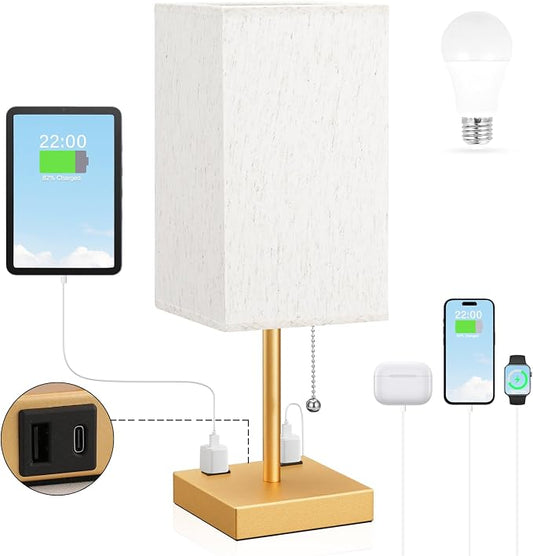 Gold Bedside Lamp for Bedroom - 3 Color Temperatures, USB A+C, 2 AC Outlets | Pull Chain Switch, LED Bulb Included, Cream Fabric Shade, 17.4" Table Lamp for Nightstand, Desk, Living Room, Office by Aooshine