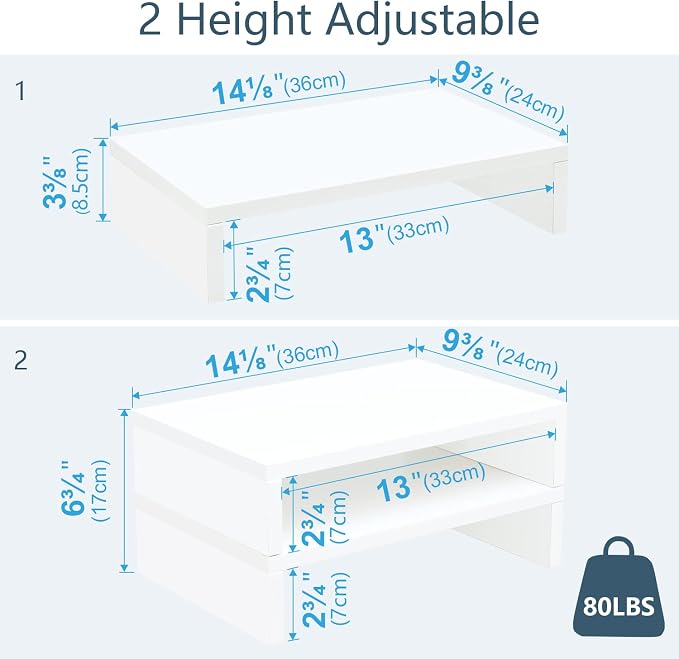 TEAMIX White Monitor Stand Riser - 2 Pack, Wood 2 Tier Adjustable Dual Monitor Riser for Laptop/PC Computer Stand for Desk - Image 4