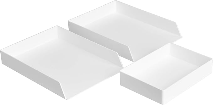 Amazon Basics Rectangular Plastic Desk Organizer Bundle, 3 Pieces Letter Tray and Accessory Tray for Office Supplies, Document Organization, Workspace Storage, 10 x 13.4 inches, White by AmazonBasics