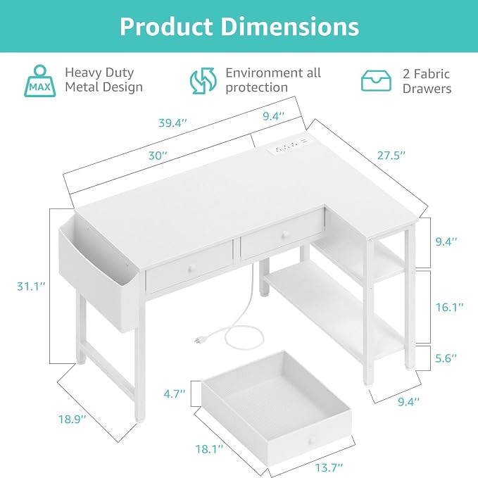 DLisiting Small White L Shaped Desk with Drawers & Storage Shelves, 40 Inch Corner Desk with Power Outlet for Small Space Home Office, Study Work PC Desks for Bedroom - Image 3