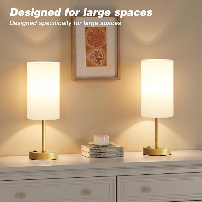 Fenmzee Gold Nightstand Bedroom Lamp - 3 Way Dimmable Bedside Lamp USB C A Charging Ports and AC Outlet, Small Table Lamp Linen Lampshade for Office Desk - Image 5