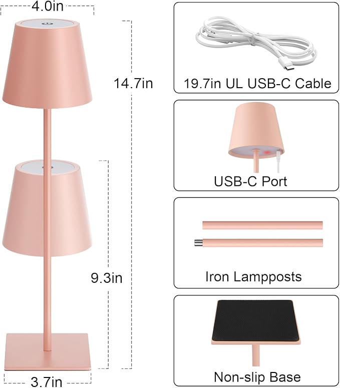 Kakanuo Pink Cordless Rechargeable Table Lamp 5000mAh Battery Operated Lamps, 3 Colors Stepless Dimming Touch Lamp for Living Room, Kitchen Counter, Dining, Outdoor Patio, 2 Pack - Image 5