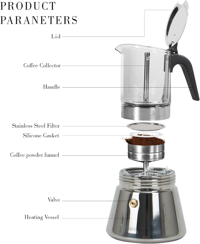 LAOION Stovetop Espresso Maker, 3Cup 160ml Moka Pot, Cuban Coffee Maker | Crystal Glass-top & Stainless Steel Coffee Maker Mocha Pot, Greca De Cafe, Cuban and Italian Coffee Maker for Cafetera Cubana - Image 3
