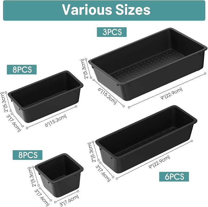 WOWBOX 25 PCS Plastic Drawer Organizer Set, Desk Drawer Divider Organizers and Storage Bins for Makeup, Jewelry, Gadgets for Kitchen, Bedroom, Bathroom, Office, Deep Black - Image 2