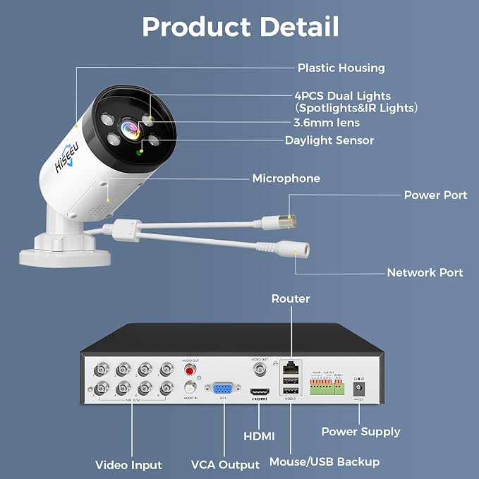 Hiseeu 4K Wired Security Camera System Outdoor 4 Channel with Audio | Smart Dual Light,AI Human/Vehicle Detection,1TB HDD,4K Surveillance DVR Kit 8CH,4X8MP Home CCTV Cameras,Smart Playback - Image 6