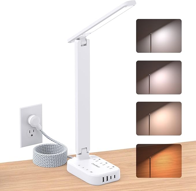 LED Desk Lamp, 10Ft Power Strip with 3 Outlets 4 USB Ports(2 USB C), White | One Beat 4 Modes 5 Level Brightness Touch Lamp, Small Desk Lamp for Home Office College Dorm Essentials, Study Reading Light by OneBeat