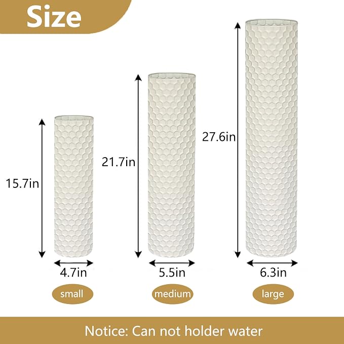White Tall Floor Vase - Set of 3 Large Metal Decorative Vases for Living Room, 27.6in Long Modern Minimalist Big Cylinder Standing Rustic Boho Corner Decor for Farmhouse Entryway Pampas Grass - Image 5