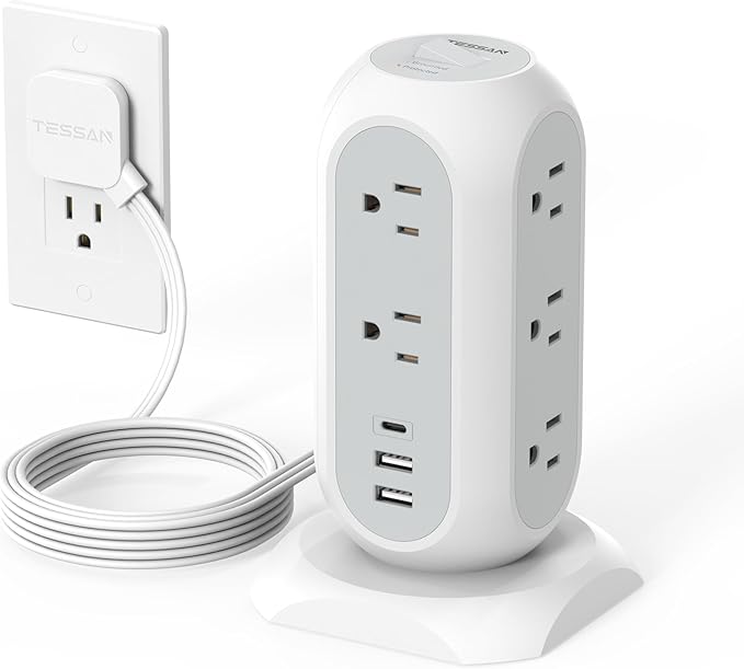 TESSAN Tower Power Strip Flat Plug with 1050J Surge Protection, 6 Ft, Grey | 11 Outlets 3 USB (1 USB C), Surge Protector Power Tower, Extension Cord with Multiple Outlets, Dorm, Office Desk Supplies by TESSAN