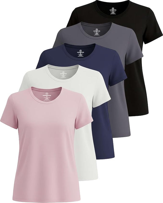 5 Pack Women's Dry Fit Short Sleeve Athletic Gym Workout Running Tops | Available in Plus Size, Exercise, Sports, Fitness, Quick Dry, Cooling, Moisture Wicking, Loose Basic Tees, Yoga, Pilates by RealEssentials