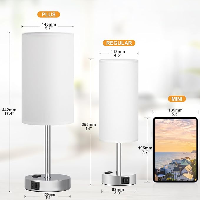 Fenmzee Touch Bedside Lamp - White, 3-Way Dimmable, USB A + C Charging, AC Outlet, 17.4inch Medium - Image 3