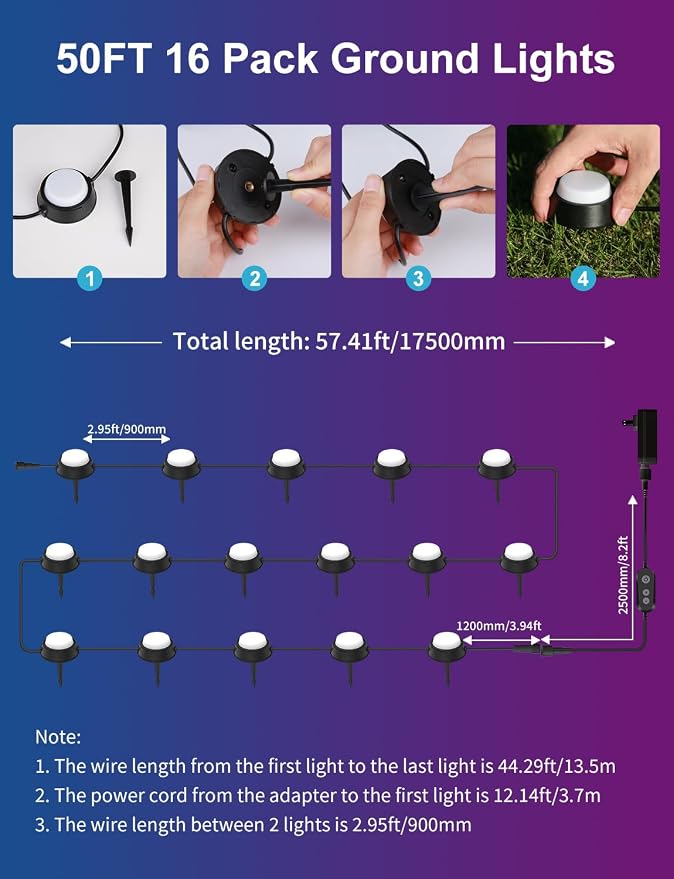APPECK Outdoor Ground Lights 16 Pack, 50FT RGBW Pathway Lights Wired | IP65 Waterproof Landscape Lights, Color Changing, 2200K Warm White, Garden Yard Lawn Walkway, Holiday Decor, Alexa Compatible - Image 2