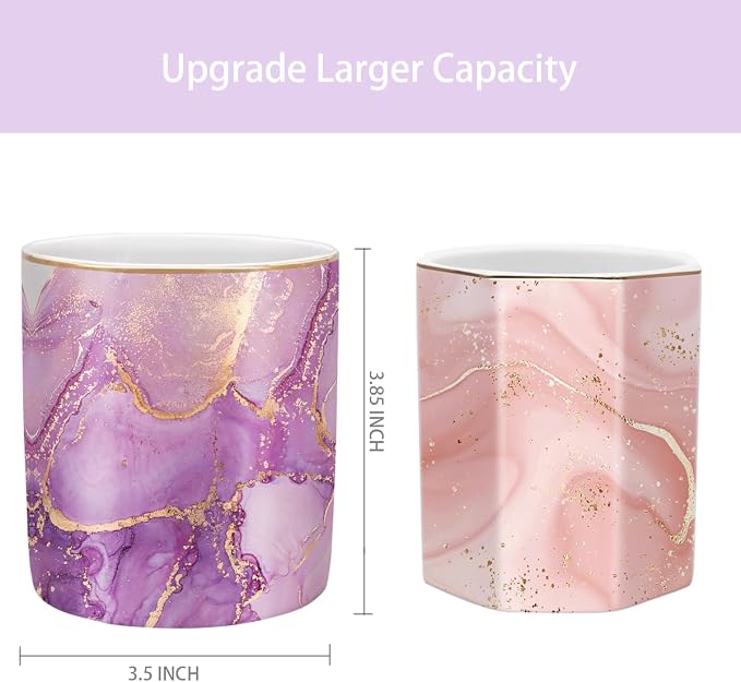 Pen Holder for Desk, Cute Ceramic Pencil Holder, Pen Cup Marker Holder Makeup Brush Holders, Desk Accessories & Workspace Organizers for Home, Office, Purple Marble - Image 2