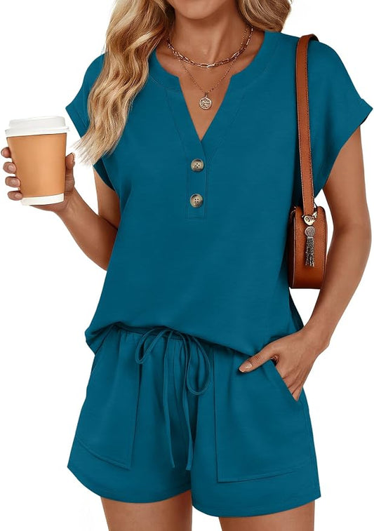 LILLUSORY 2 Piece Summer Set 2026 Henley Top & Drawstring Shorts with Pockets by Lillusory