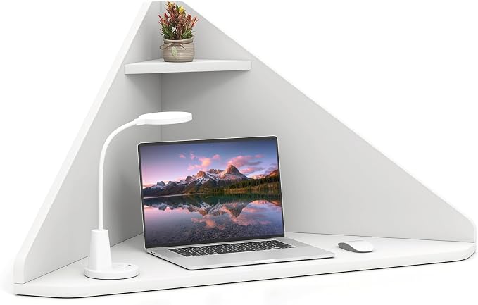 GOFLAME Floating Corner Desk, Wall Mounted Triangular Computer Desk w/Storage Shelf, Space-Saving Design, 90° Wooden Floating Home Office Desk for Writing, Working, Studying (White) by GOFLAME