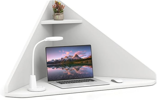 GOFLAME Floating Corner Desk, Wall Mounted Triangular Computer Desk w/Storage Shelf, Space-Saving Design, 90° Wooden Floating Home Office Desk for Writing, Working, Studying (White) by GOFLAME