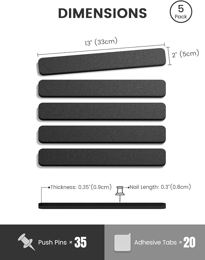 Fluxynara 13" x 2" Felt Wall Panels, Black | 5-Pack Cork Board Alternative with 35 Push Pins, Adhesive Mounting for Bedroom Door or Home Office - Image 2