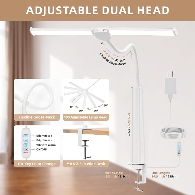 Voncerus LED Desk Lamp for Home Office, Double Head Desk Light with Clamp | 3 Modes 10 Brightness, Long Flexible Goose-Neck, Eye-Caring, Memory Function, Energy Efficient, USB Adapter, Metal, White - Image 4