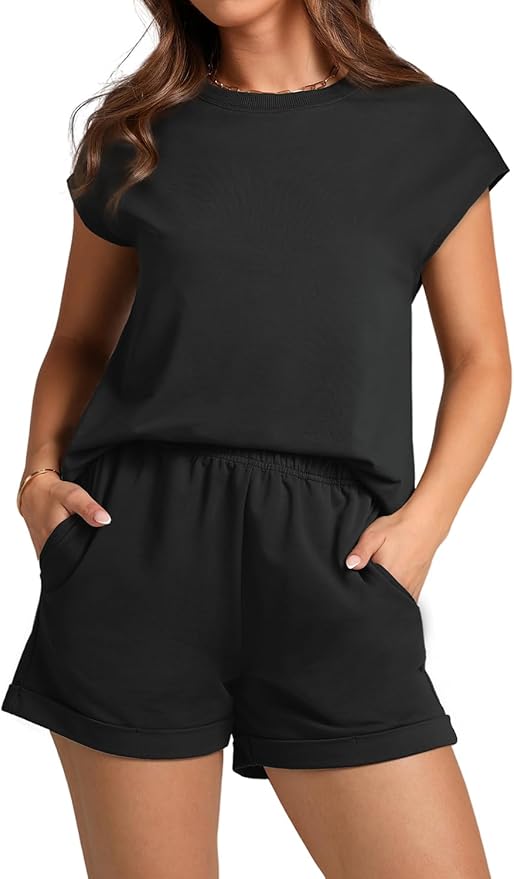 WIHOLL 2 Piece Sets for Women Casual Summer Travel Vacation Outfits Cap Sleeve Shorts Lounge Set - Image 2
