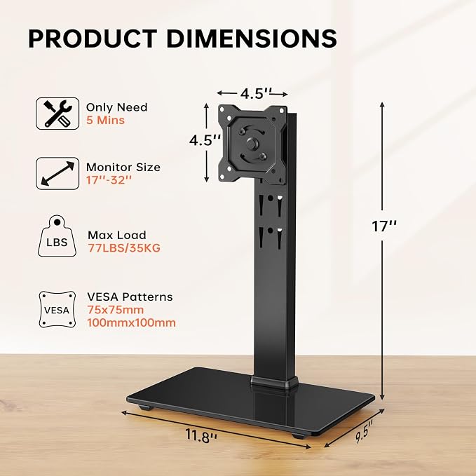 Afaloona Freestanding Single Monitor Stand for 13-32 Inch Monitor, No Clamp | Max Load 77lbs | Tempered Glass Base | ±25° Swivel | -5° to +10° Tilt | 360° Rotation | 4 Height Options | VESA 75×75/100×100 - Image 4
