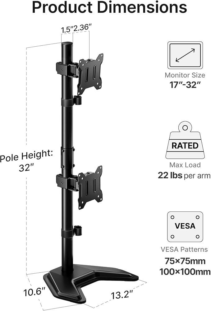 monTEK Freestanding Stacked Dual Monitor Stand for 17-32", 22 lbs Each | Solid V-shaped base, vertical dual-screen full-motion arms, height adjustment, tilt, swivel, rotation and VESA 75/100 - Image 7