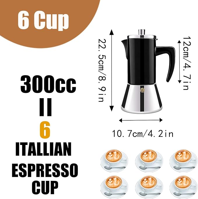 6 Cup Thickened 304 Stainless Steel Moka Pot Stovetop Espresso Maker Cafeteras Italian Percolator Espress Makers Capable Greca Mocha Coffee Machine for Induction Home and Camping 300ml 10oz - Image 2