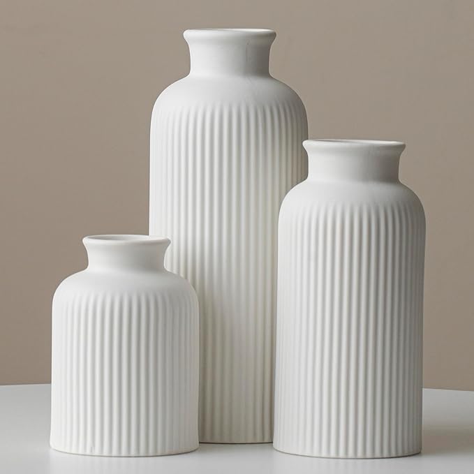 Large Modern Ceramic Vase Set, White Ribbed Matte Design, 3-Piece Decorative Vases for Home, Living Room, Office (XL White) by Vaurcesavase