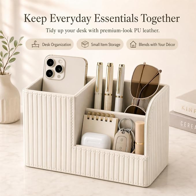 KINGFOM Desk Pen Organizer Office Supplies Caddy Pu Leather Multi-function Storage Box Pen/Pencil,Cell phone, Business Name Cards Remote Control Holder (Ivory White) - Image 2