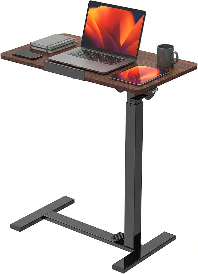 Overbed Table Adjustable Bedside Desk with Wheels Brown | Pneumatic Lift Design Offers Easy Height Adjustment for Bed and Sofa Use - Image 8