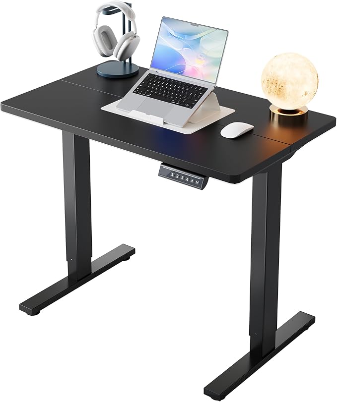HUANUO 32x19 Inch Small Electric Standing Desk, Adjustable, Black | Compact Home Office Desk, 176lbs Heavy Duty Lifting with 4 Height Presets. M8 Screw Holes Ready for DIY Mobile Wheels by HUANUO