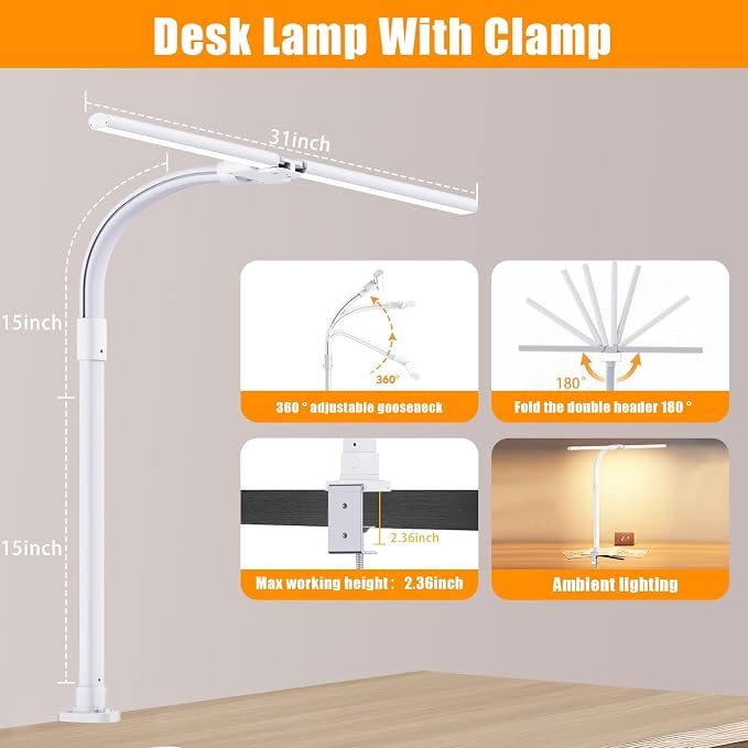 AKRRYR Led Desk Lamp for Home Office,24W Bright Eye-Caring Desk Light with Clamp,5 brightness and 5 temperatures Dimmable Workbench Task Light, Adjustable Gooseneck Table Lamp for Monitor Study(white) - Image 3