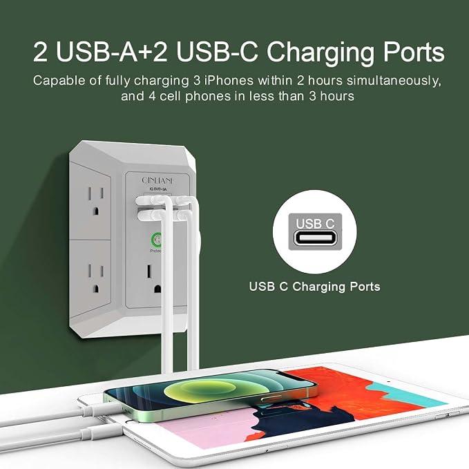 USB Wall Charger, Surge Protector, QINLIANF 5 Outlet Extender with 4 USB Charging Ports(2U2C) 3-Sided 1680J Power Strip Multi Plug Outlets Wall Adapter Spaced for Home Travel Office, Grey - Image 3