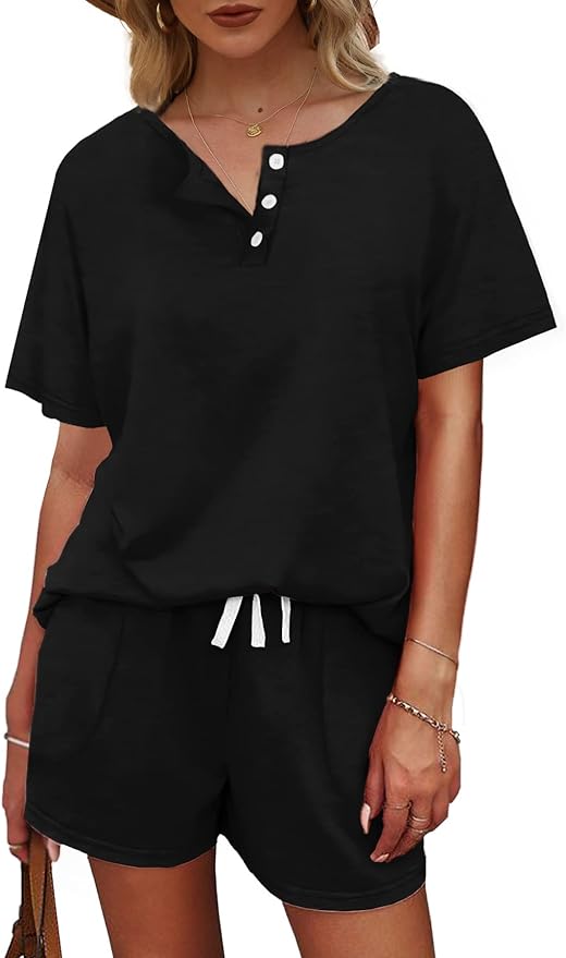 WIHOLL Two Piece Outfits for Women Lounge Sets Button Down Top and Shorts Set Sweatsuits with Pockets - Image 3