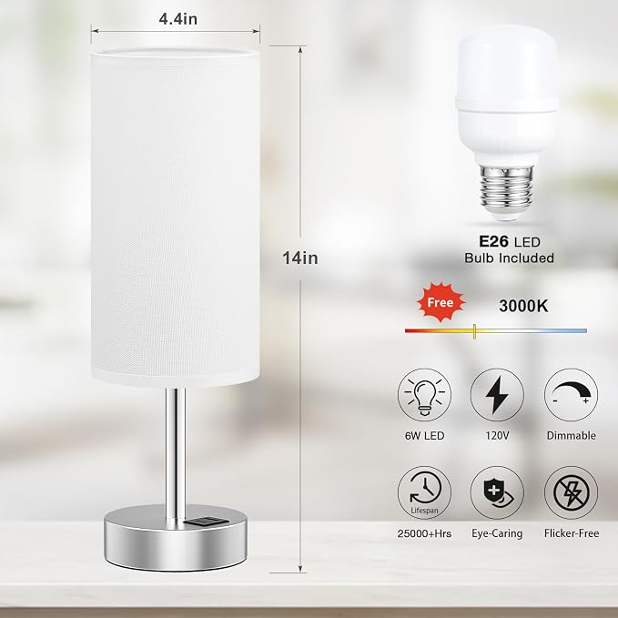 Dicoool Bedside Table Lamp for Bedroom - 3-Way Dimmable Touch Lamp, USB A+C | LED Bulb Included, 14" Small Nightstand Lamp for Desk, Living Room, Guest Room, White Fabric Lampshade, Silver Metal Base - Image 6