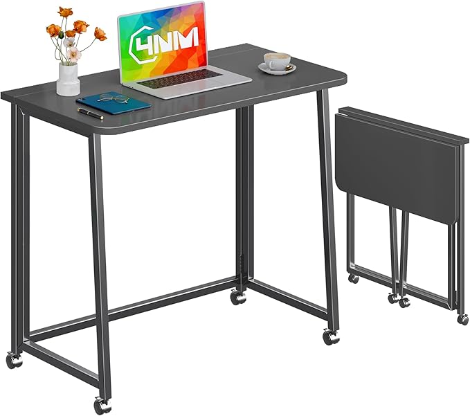 4NM 31.5" Mobile Small Folding Desk, Foldable Rolling Computer Home Office Desk, Study Writing Table for Small Space Saving Bedroom, with Wheels - All Black by 4NM